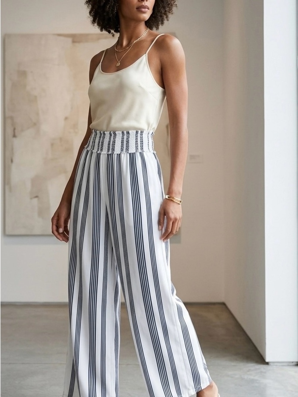 Kendall & Kylie White Wide-Leg Striped Smocked-Waist Pants